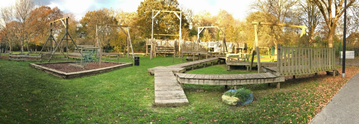 Grass, trees  and playground equipment